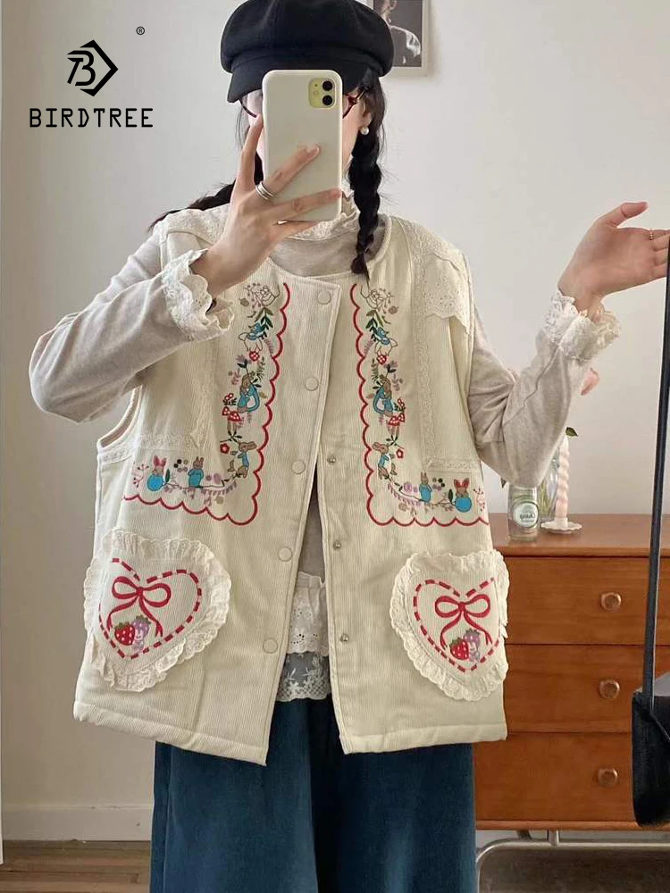 

New 2025 Autumn Corduroy Vest, Women Sleeveless O Neck Lace Embroidery, Mori Girl French Retro Sweet Casual Loose Coat C5N227CC