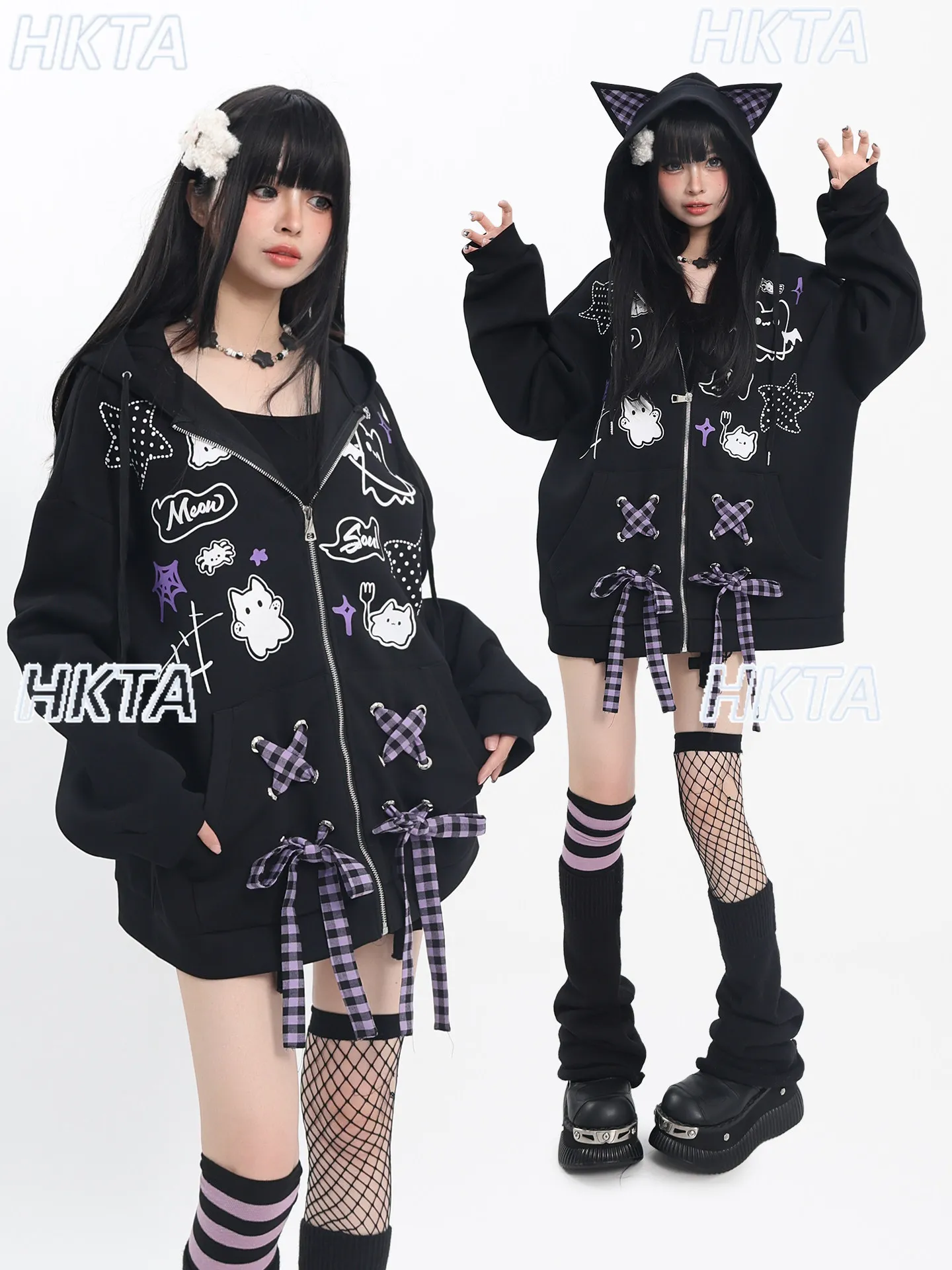 Gothic Subculture Dark Plaid Bow Hooded Sweatshirts Coat Top Autumn Sweet Cool Y2k Cute Cartoon Print Loose Black Jacket Women