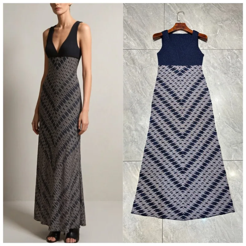 High-Quality Diamond Pattern Printed Tank Dresses Women 2026 Summer Sleeveless V-Neck Elegant Long Dress Evening Gown High-End