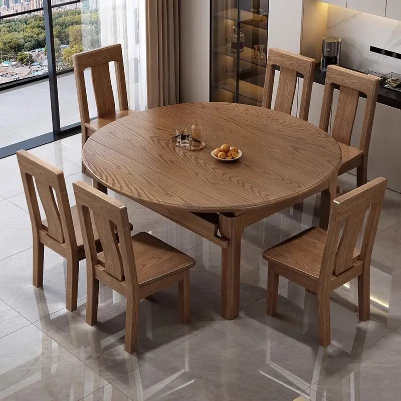 Ash wood all solid wood dining table and chair combination household telescopic square and round dual-purpose dining table