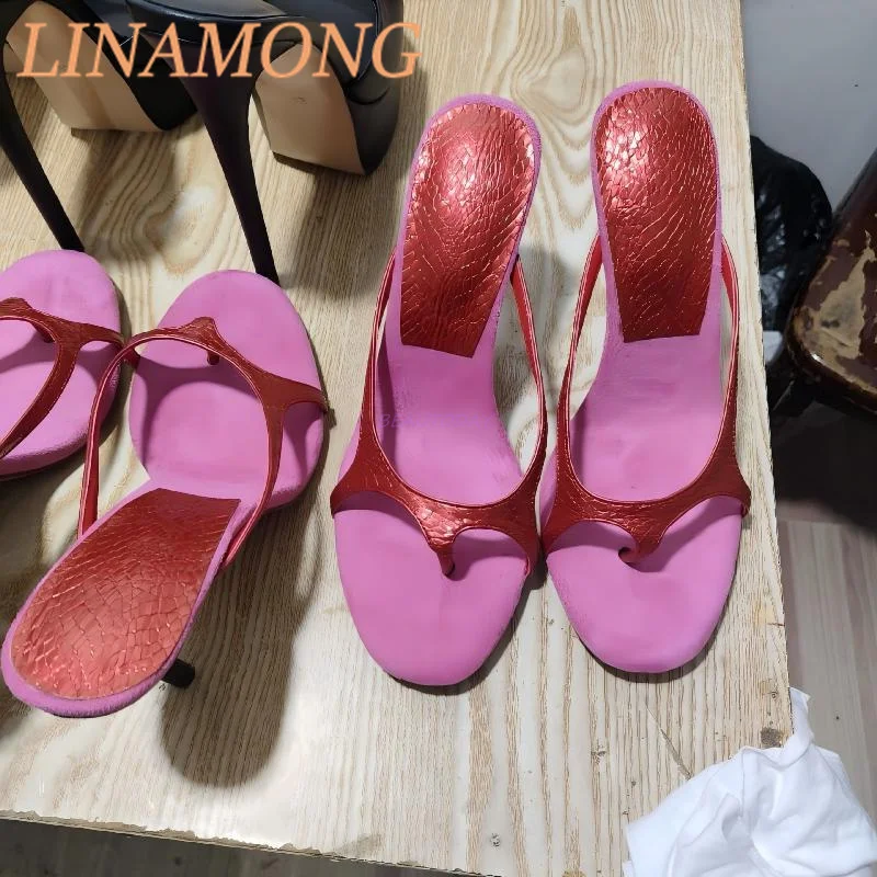 Round Toe Sandals Fashionable Color Blocking Temperament, Slim High Heels Split Toes for External Wear Slip On Slippers