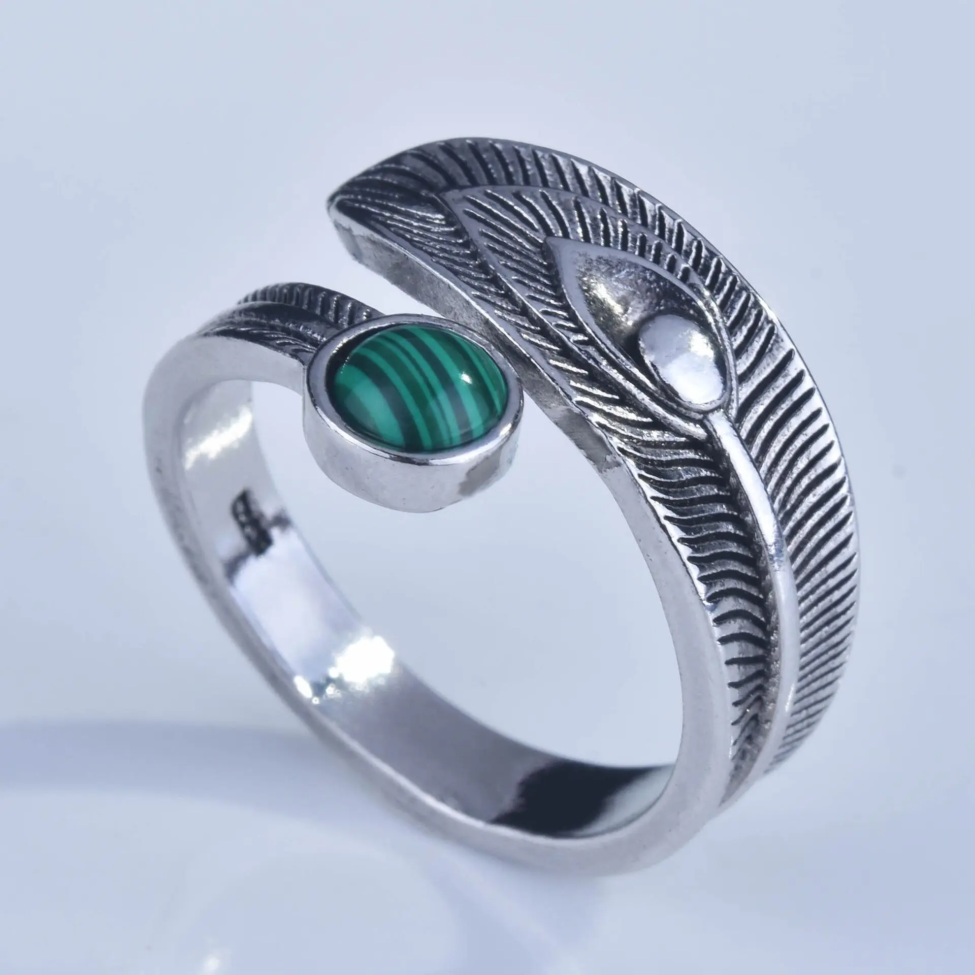 925 Sterling Silver Open Finger Ring Green Stone Vintage Feather Peacock Punk For Women Girl Jewelry Gift Dropship Wholesale