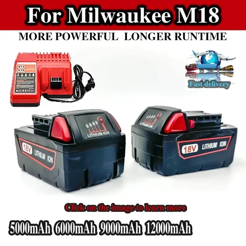 

For Milwaukee M18 Power Tool Battery, Charger, BR, XC, 18V, 5000mAh-12000mAh M18B5, 48-11-1860, Built-in 18650 10C Battery