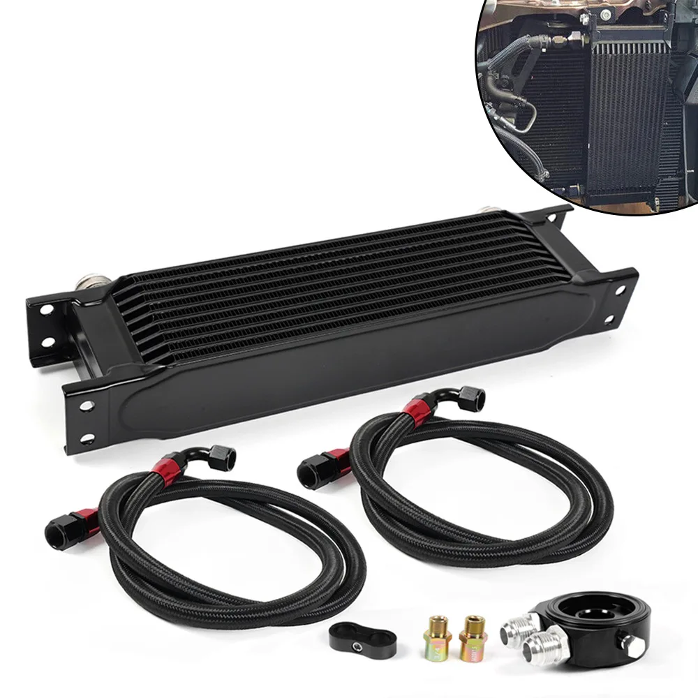 

10 Row Transmission Engine Racing Car Oil Cooler Core Radiator 10AN Kit Oil Filter Sandwich Adapter with Braided Stainless Hose