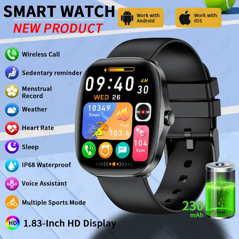 

LIGE New Smart Watch Heart Rate Wireless Call IP68 Waterproof 1.83 Inch Screen Music Control watches for men women Android IOS