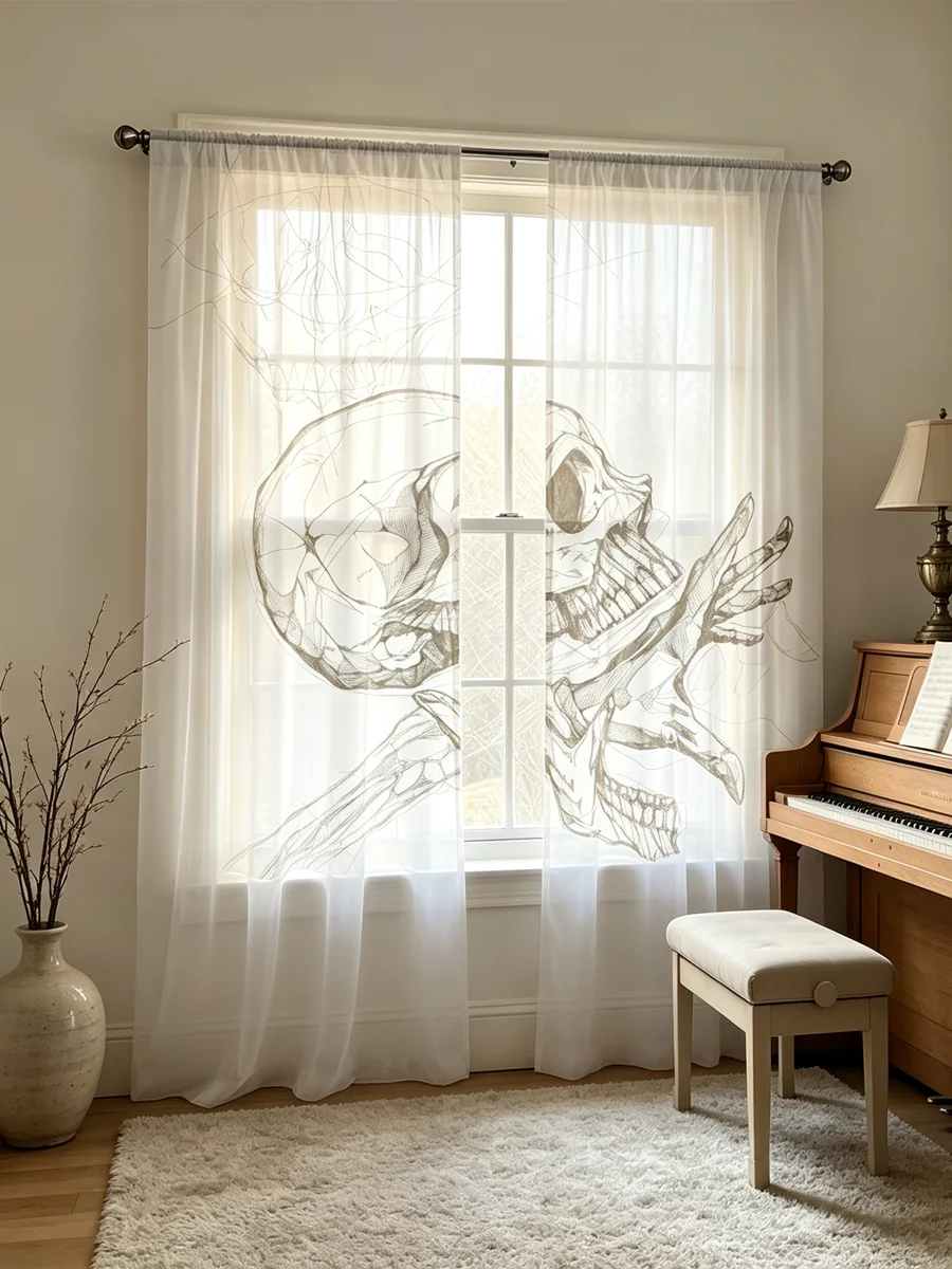 2PCS Digital Print Sheer Curtains Sketch Skull Skeleton Hand Line Art Print Gothic A&B Sheer Window Curtains