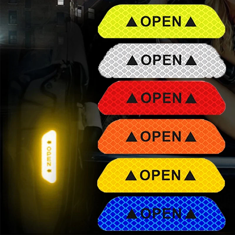 4-12PCS Car Open Reflective Sticker Universal Safety Warning Mark Reflective Stickers Lighting Luminous Decor Auto Door Stickers