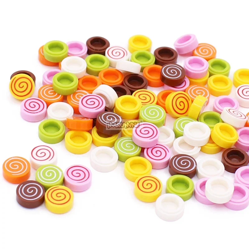 Marumine 200PCS Tile Round 1x1 With Spiral Pattern Donut Lollipop Building Blocks Compatible with 98138 pb013 Classic MOC Toys