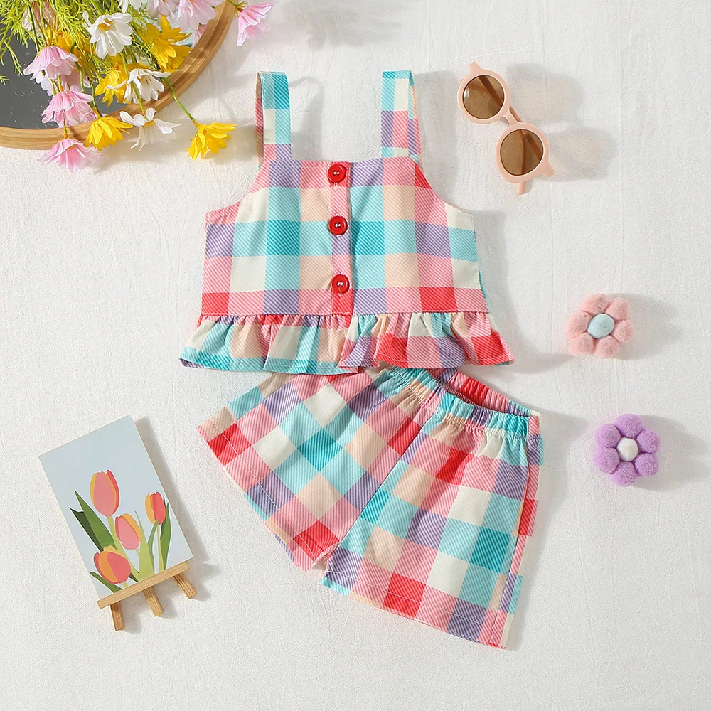 Summer New Girls\' Two-piece Birthday Party Girls\' Suit Lace Pleated Plaid Pattern Buttons + Shorts Casual Holiday Style