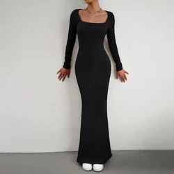 Autumn Winter Knitted Dress Women 2023 Elegant A-line Long Maxi Bodycon Dresses Female Casual Black Ribbed Maxi Robe Ladies