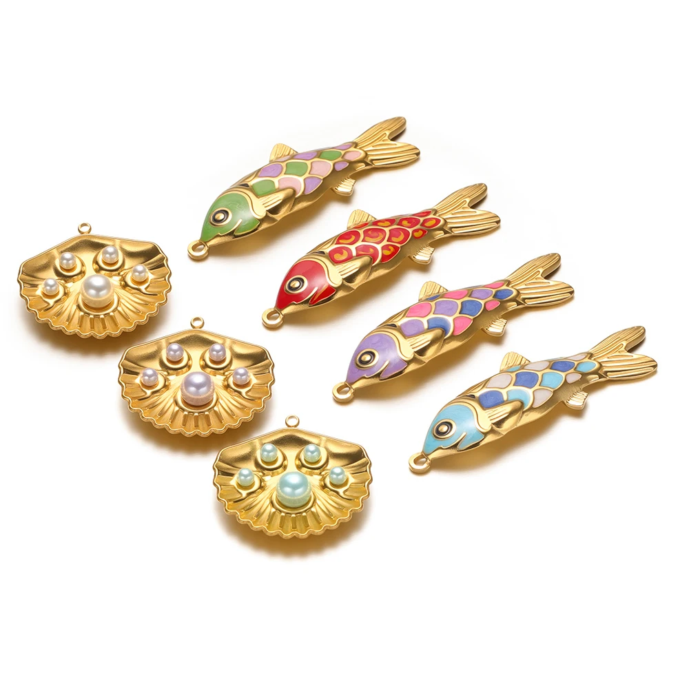 

4Pcs Stainless Steel Shell Conch Pearl Pendants Enamel Fish Charms for DIY Jewelry Bracelet Necklace Earrings Making Accessories