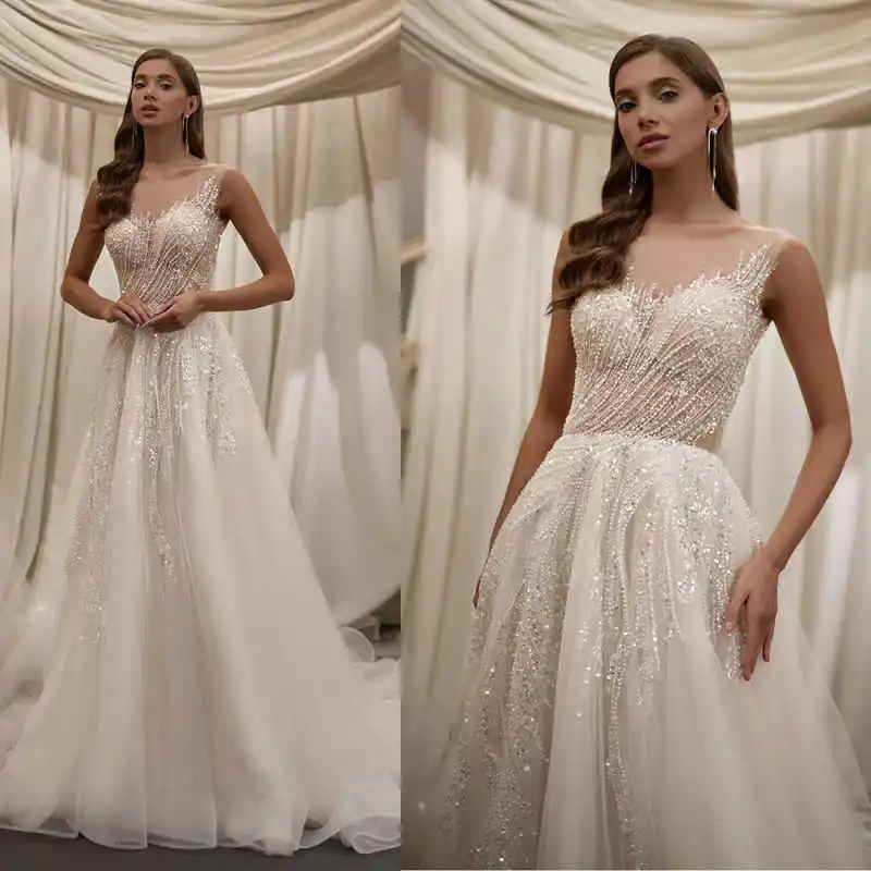 

Elegant A-Line Wedding Dresses O-Neck Sequins Pearls Beads Sleeveless Bridal Gowns Prom Dresses Vestido de novia Customized