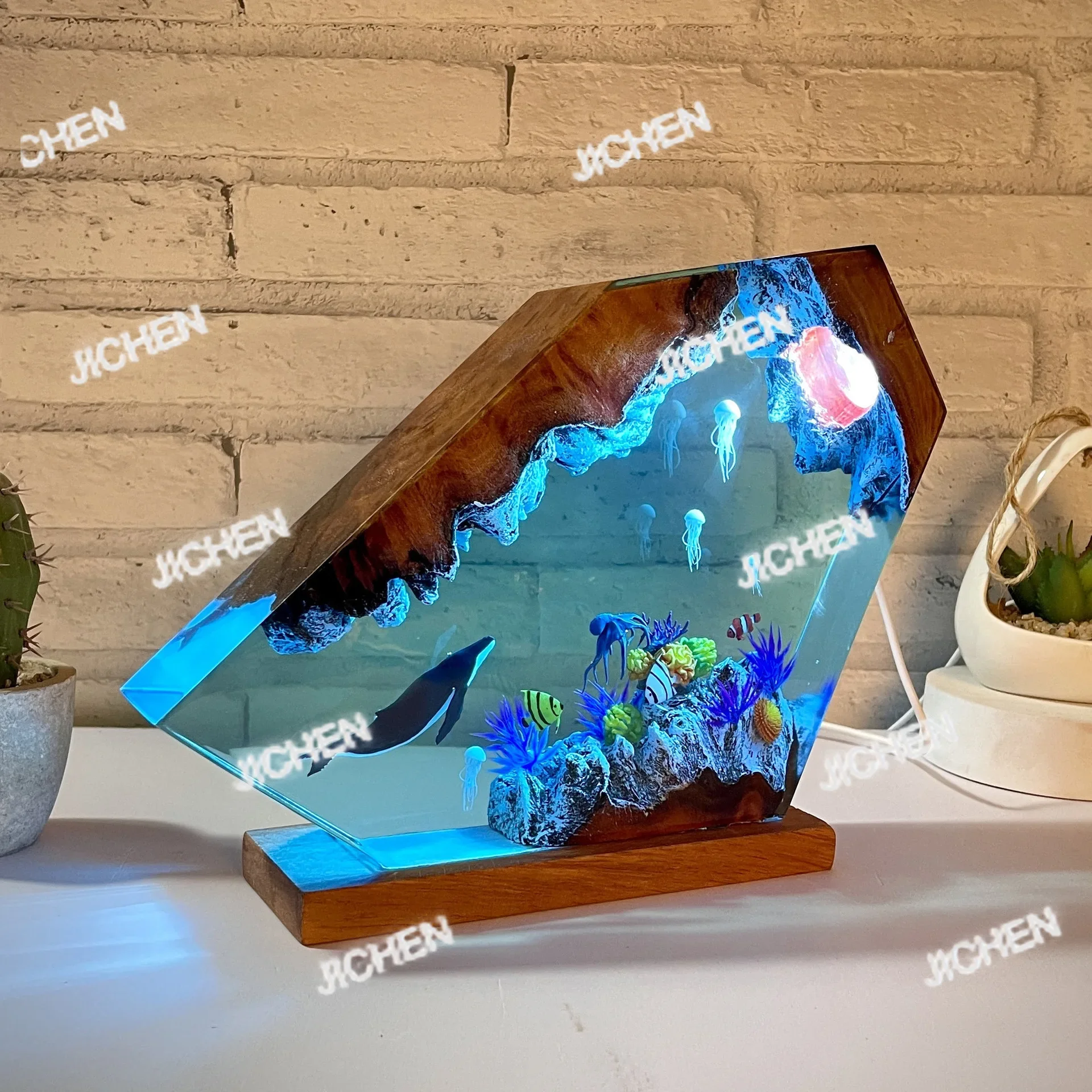 

ZQ Humpback Whale and Jellyfish Resin Night Light Epoxy and Wooden Marine Resin Light