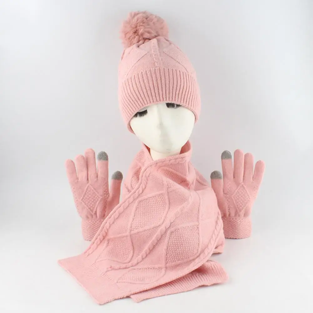 Touch Screen Gloves for Women 3pcs Women Winter Hat Scarf Gloves Set with Plush Ball Rhombus Texture Knitting Long Scarf Touch