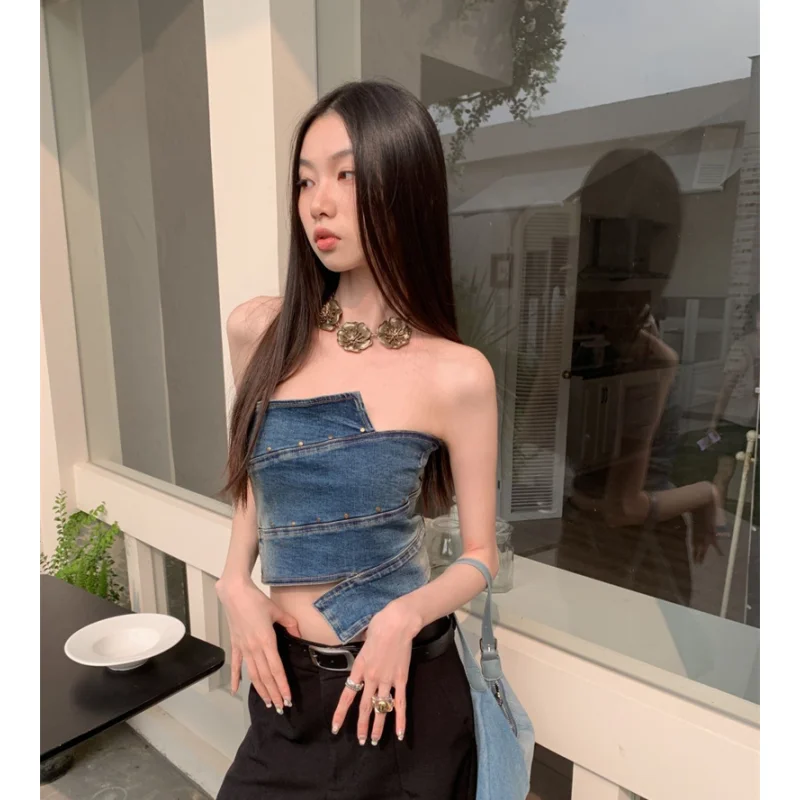 Women\'s Clothing Blue Vest Denim Irregular Off Shoulder Top Europe and America Fashion Sexy Female 2023 Summer Short Top