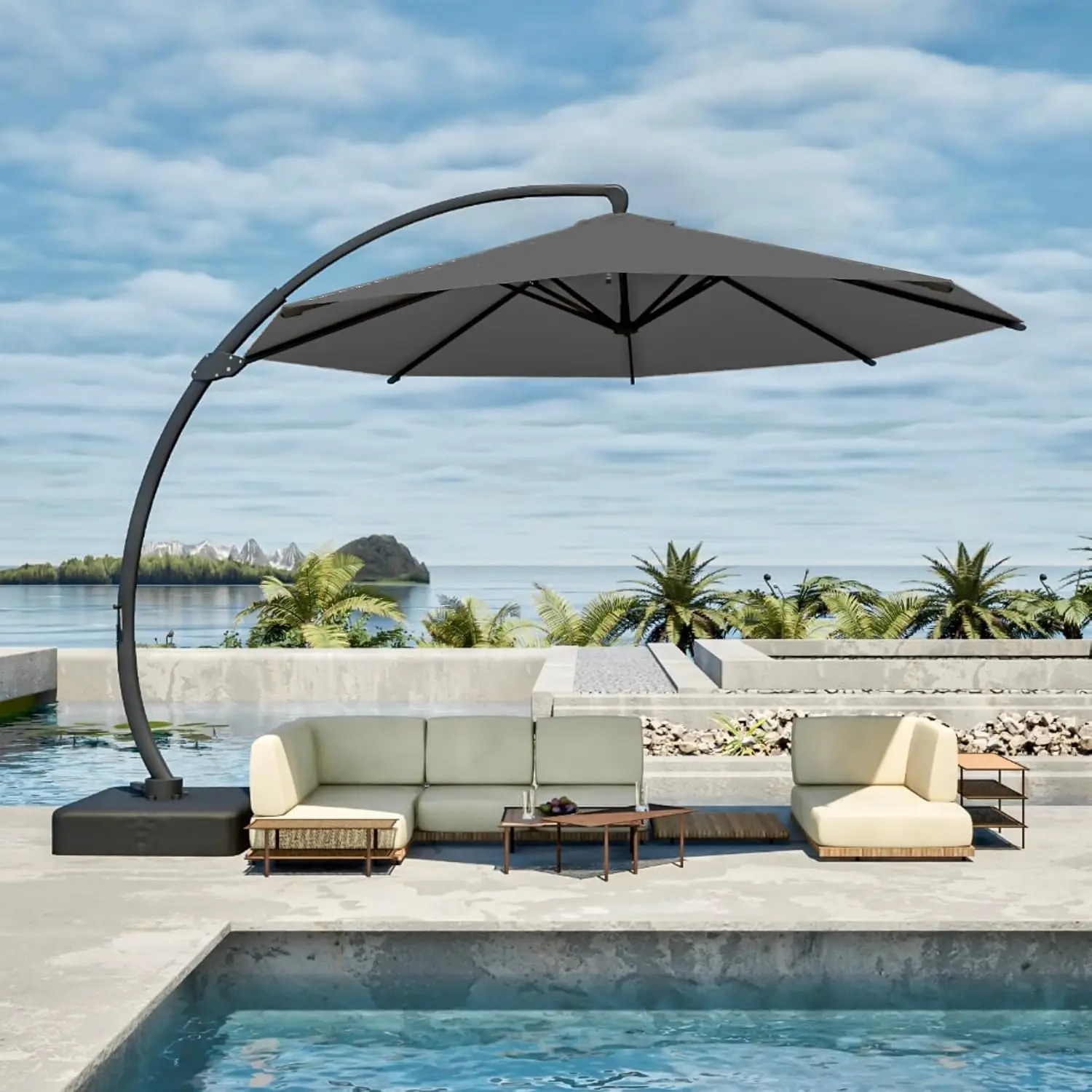 11FT Cantilever Umbrella with Base Large Curvy Outdoor Aluminum Offset Umbrella w/ 360° Rotation, UV Resistant, Customized