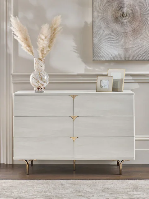 xx-Modern White Wooden  of Drawer with 6 Drawers Storage Curved Edge Design Iron Legs Wooden Cabinet Sideboard for Living Room*