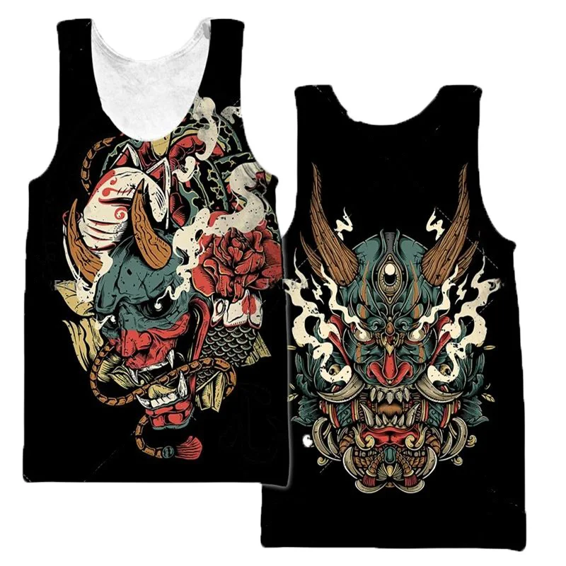 Japanese Samurai Oni Mask Tattoo 3D Print Tank Tops Men's Women Oversized Fitness Gym Vest Harajuku Sleeveless Tops Men Clothing