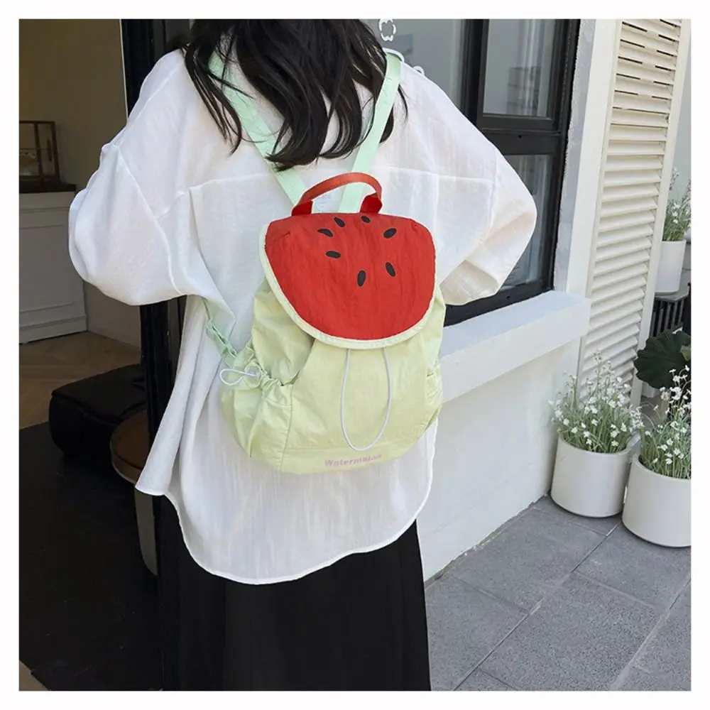 Korean Style Outdoor Drawstring Backpack Travel Dopamine Color Fruit Nylon Backpack Commute Large Capacity Hiking Shoulder Bag