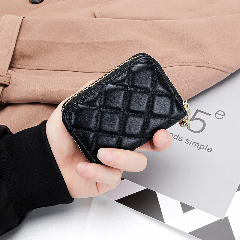 Sheepskin Genuine Leather Card Holder for Women Small Zipper Business Card Holder Wallet Luxury Brand Quilting Design Coin Purse