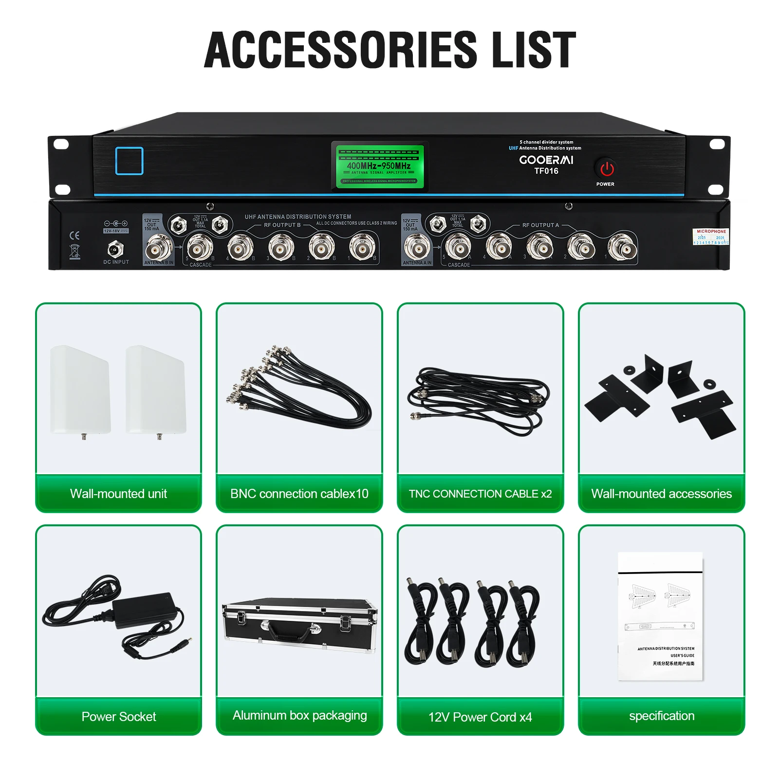GOOERMI TF10-16 Wireless Microphone Antenna Distribution System 10-16 Channel RF Signal Amplifier 450-960MHz UHF Antenna Booster