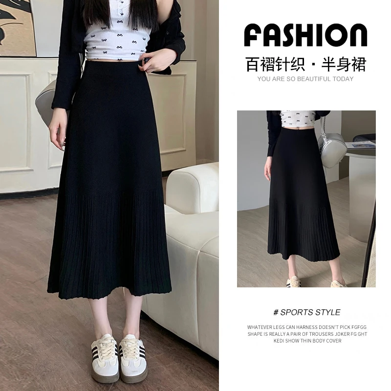 

Plus Size Women Black Half Skirt 2024 New High Waisted Mid Length Ice Silk Chubby Girl Looks Slim and High Knitted Pleated Skirt