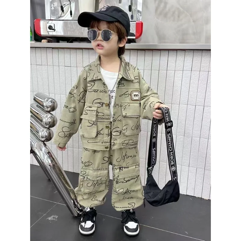 

Boys Boby Denim Set New Korean Version Boys Handsome Clothes Spring and Autumn Children Fashion Jacket Pant Two-piece Set