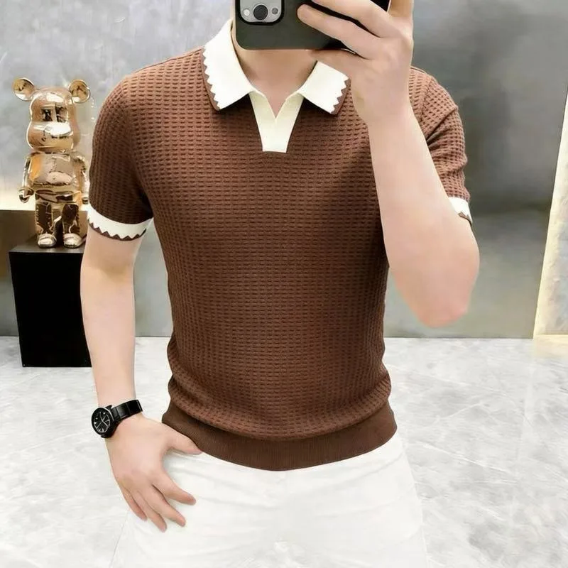 Summer Knitted Casual Polo Shirts Men Slim Short Sleeve Business Social T-shirt Color Blocking Social Streetwear Lapel T-shirts
