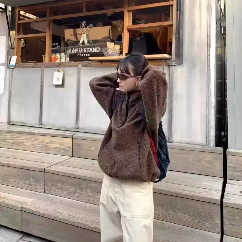 Sweat à capuche coréen en mélange de laine pour femmes, coupe ample, Jaet f, fermeture éclair, cercle Fce, Texture aérienne, vêtements d'extérieur