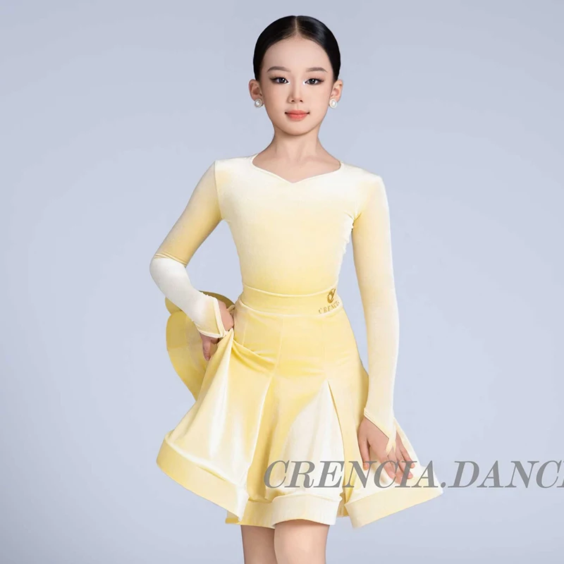 Competition Clothing National Standard Dance Practice Show Dress Light Yellow Latin Dance Dress Girls Kids Cha Cha Dance