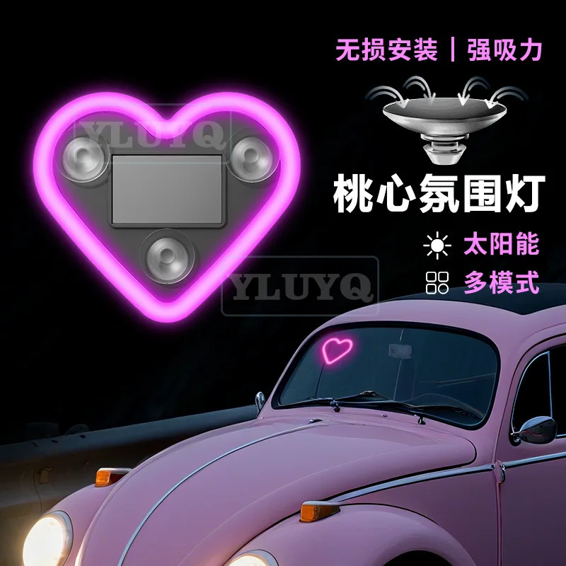 Car Solar Wireless LED Heart Light for Triangular Windows, Wireless Neon Light C-Pillar Ambient Light, Vehicle Decorative Light
