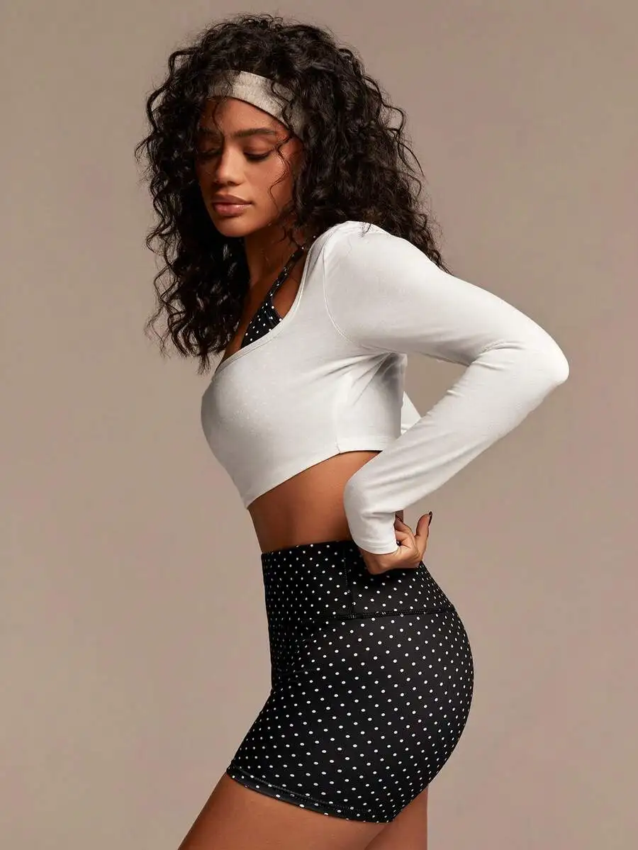 

Womens 3-Piece Yoga Set Polka Dot Bra Top Long Sleeve Crop Top Shorts Fitness Workout Wear