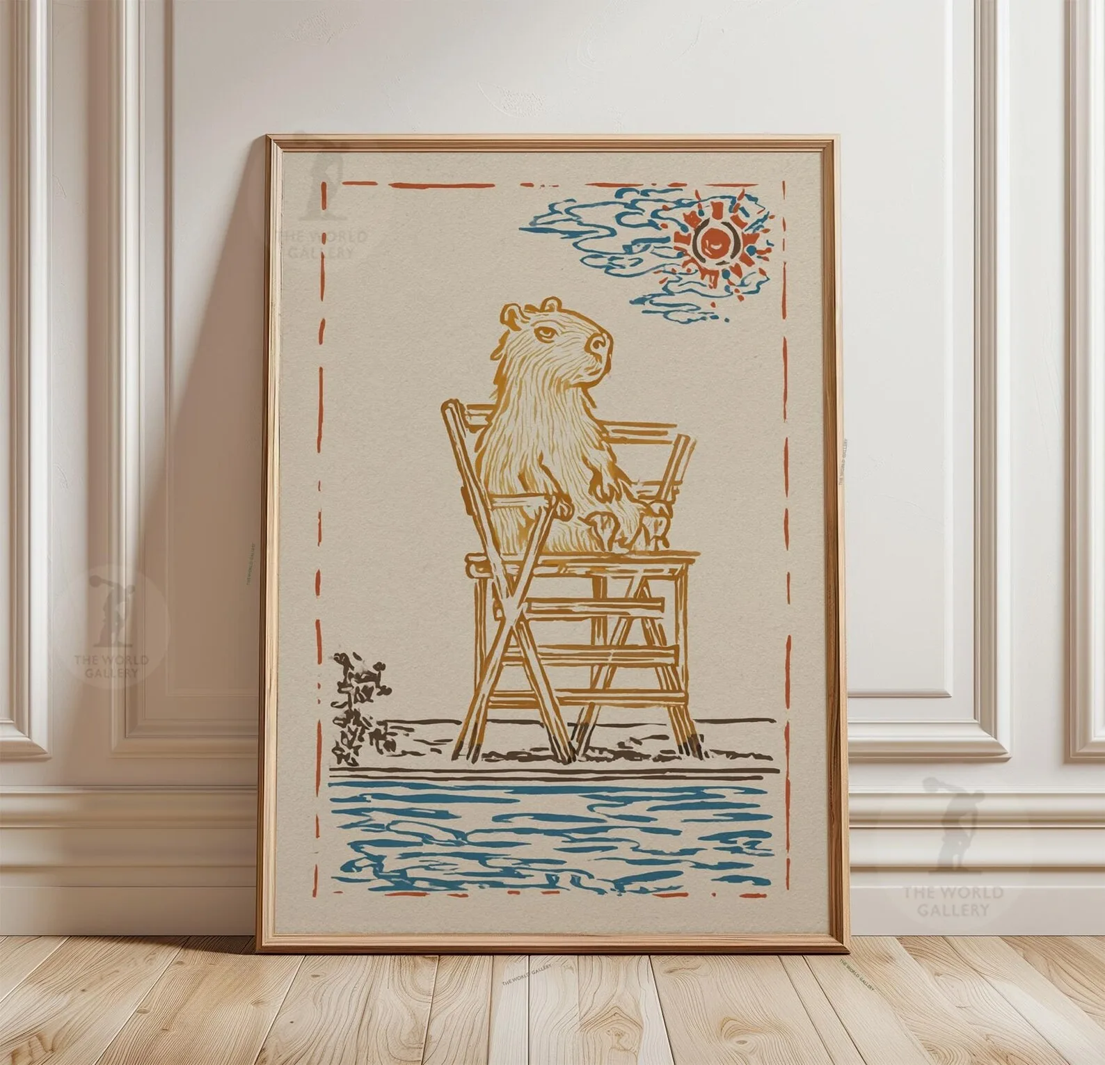 Capybara Lifeguard Poster, Minimal Line Illustration, Beach Scene Canvas Painting for Home Decor