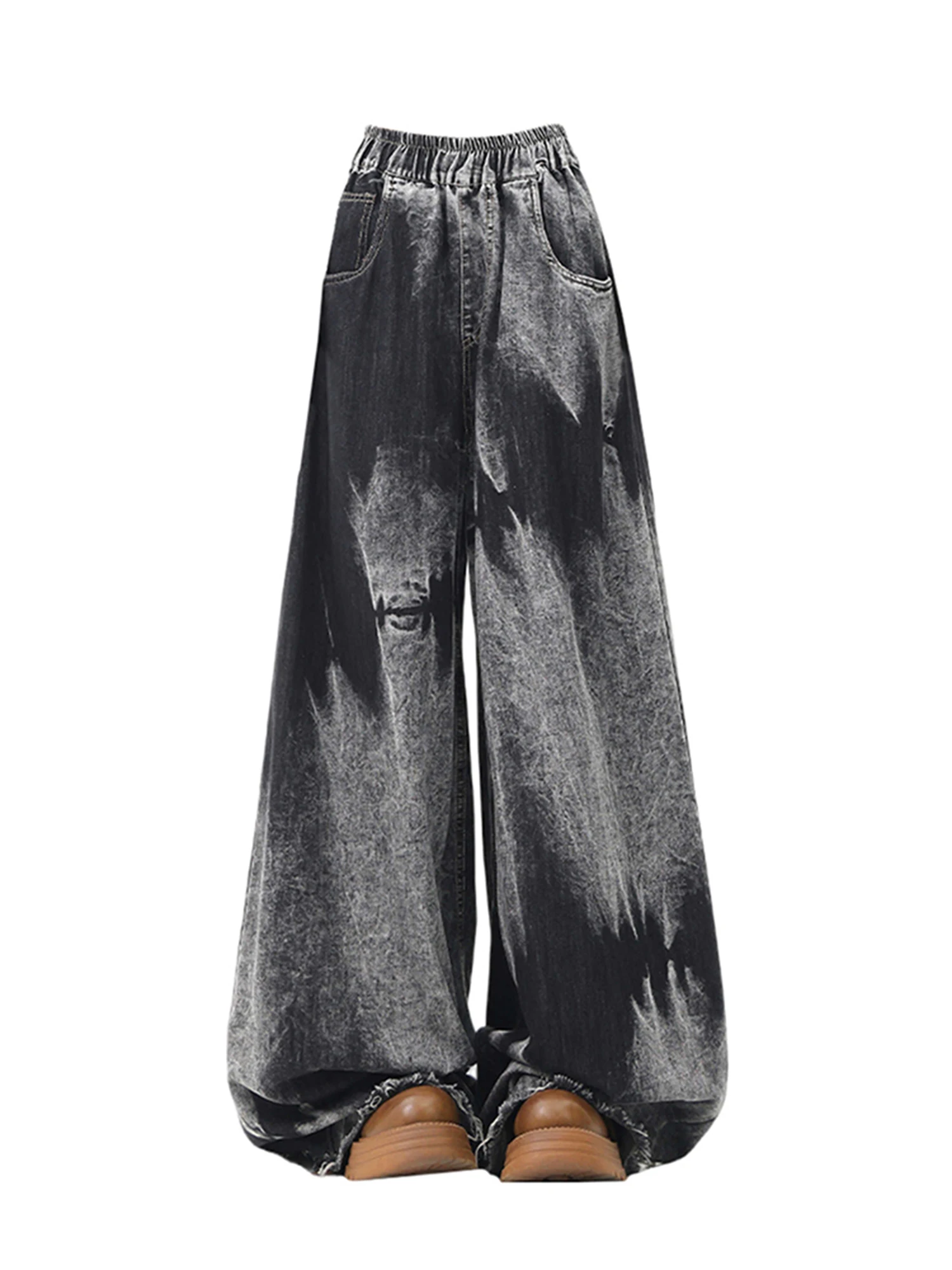 Women's Black Gothic Y2k Baggy Tie-Dyed Jeans Japanese 2000s Style Jean Pants Vintage Harajuku Oversize Denim Trousers Clothes