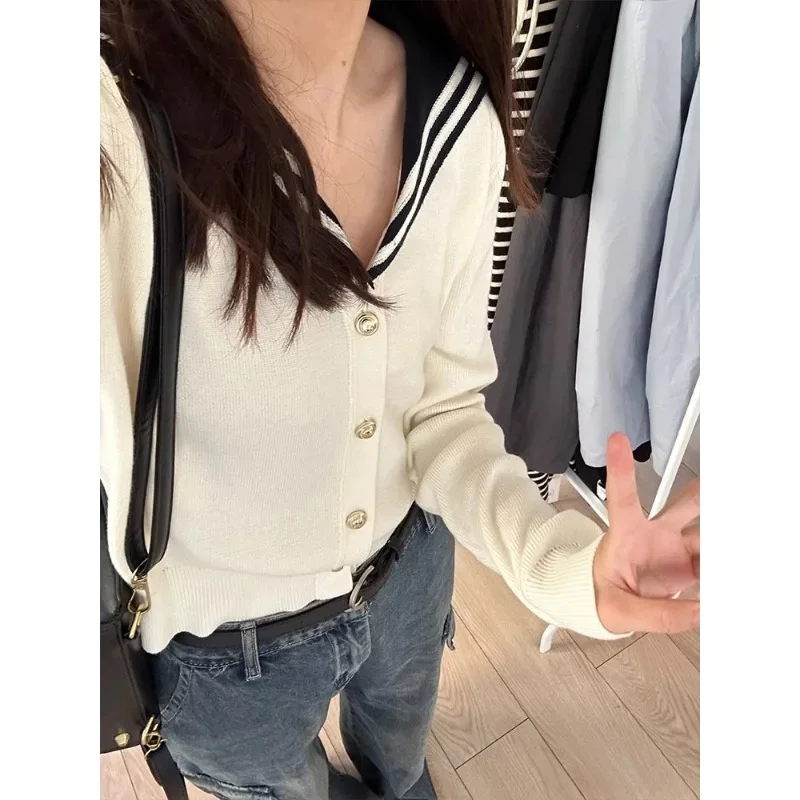 Vintage Sailor Collar Women Cardigan Basic Sweater Korean Style Spring Knitwear White Jumper Japanese Aesthetic F134