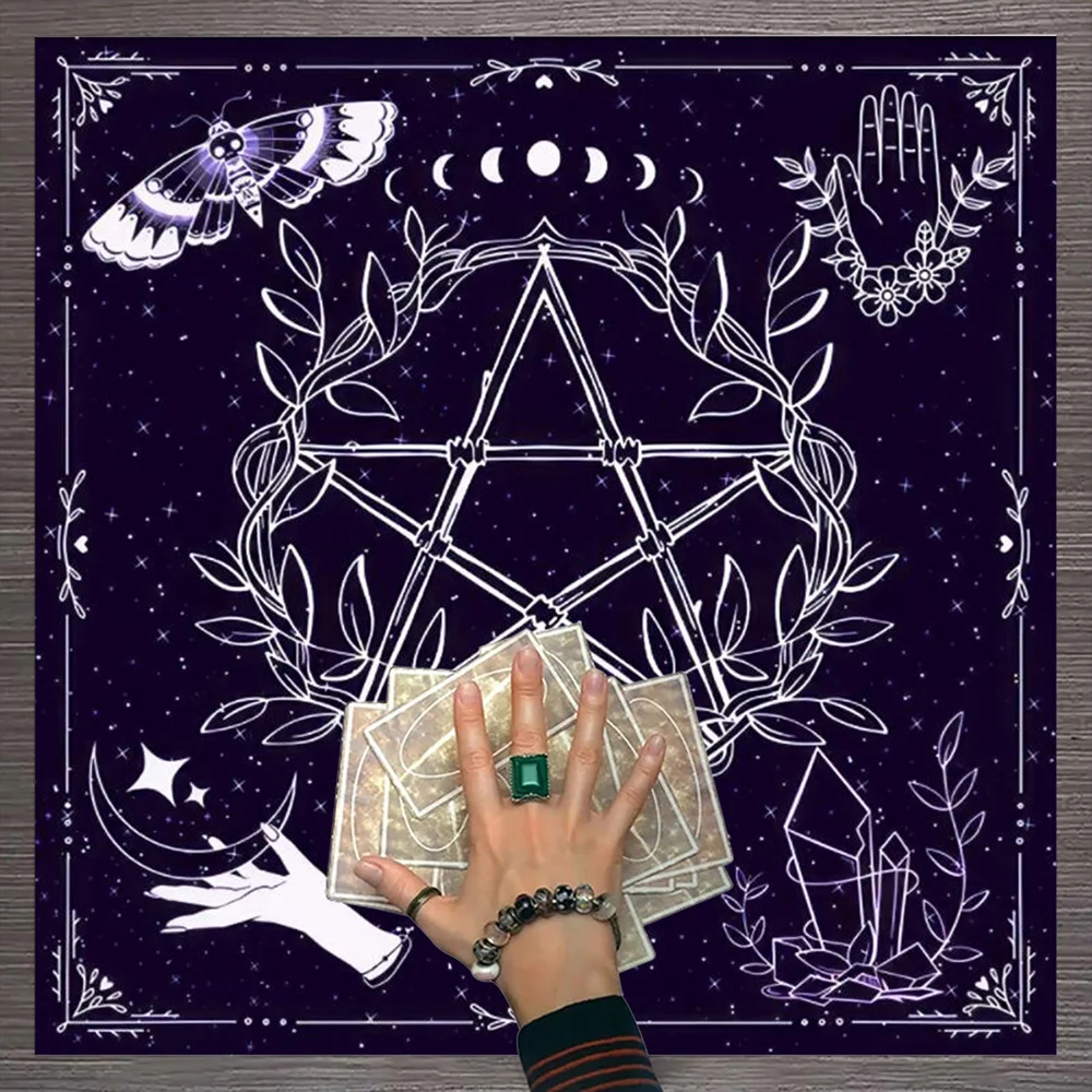 Tarot Cloth Pentagram Moon Phase Luna Death Head Moth Tarot Tablecloth Oracle Mat Card Pad Divination Altar Cloth Wall Rug