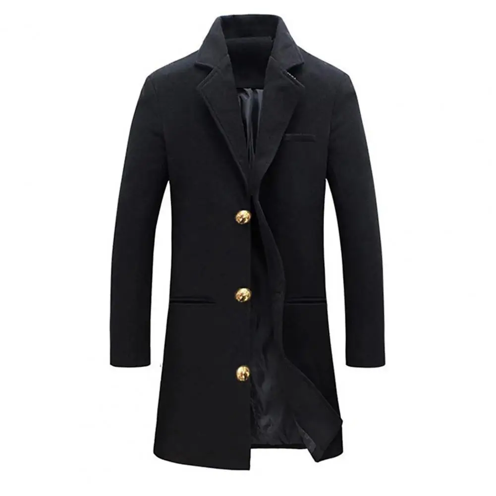 

Woolen Coat Men Jacket Elegant with Lapel Pockets Single Breasted Long Sleeve Jacket Solid Color for Winter