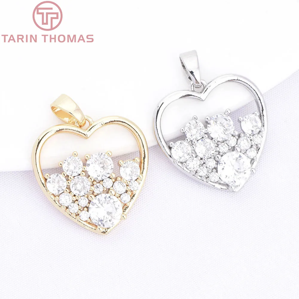 (10453) 2PCS 17.5x18MM 24K Gold Color Brass with Zircon Heart Shaped Hollow Fully Inlaid Pendants DIY Jewelry Making Accessories
