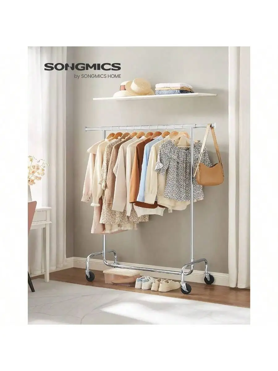 SONGMICS Clothes Rack With Wheels, Clothing Rack For Hanging Clothes, Heavy-Duty Garment Rack With Extendable Hanging Rod, 28