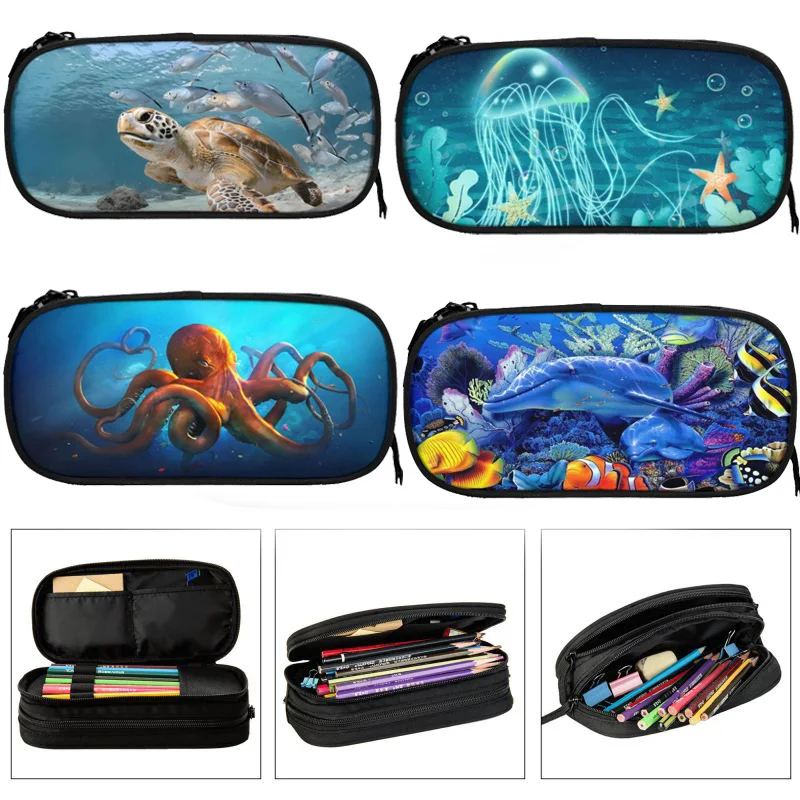 Dolphins turtles underwater world Large Capacity Pencil Case Stationery School Supplies Pouch Office Storage Kids Pen Case Box