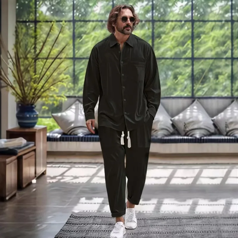 Loose Fit Men's Cotton Linen Shirt Casual Long Sleeve Long Pants Spring Autumn City Walk Suitable for Middle-Aged And Elderly