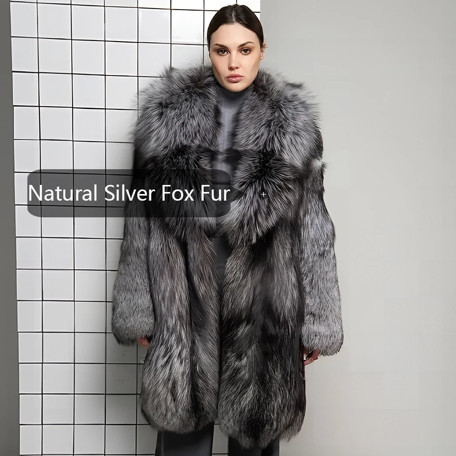 Echte Silberfuchs Pelz mäntel Damen Fuchs Pelz jacken mit Schal kragen 2024 Winter warme lange Damen Out wears