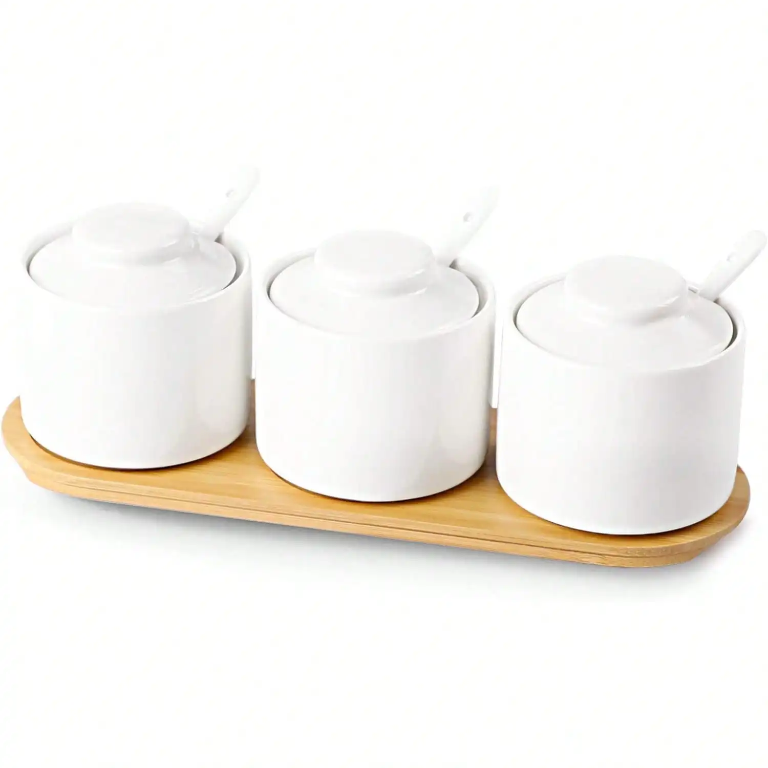 

Porcelain Condiment Jar Set Of 3 Spice With Tray, Ceramic Condiment Pot Spoon And Lid, Seasoning Box,Sugar Bowl, 8oz (Turquoise Blue)