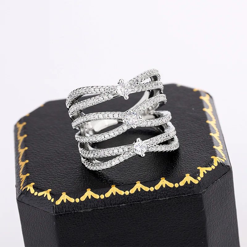 Creative S925 Sterling Silver Hollow Three-layer Cross Four-claw Round Geometric Ring Women's Niche Design Gift Jewelry