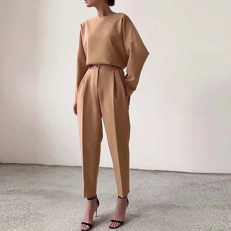 

Women Elegant Solid Color 2 Piece Sets Casual O Neck Pullover Tops And Long Pants Suit Ladies Fashion Loose Outfits Streetwear