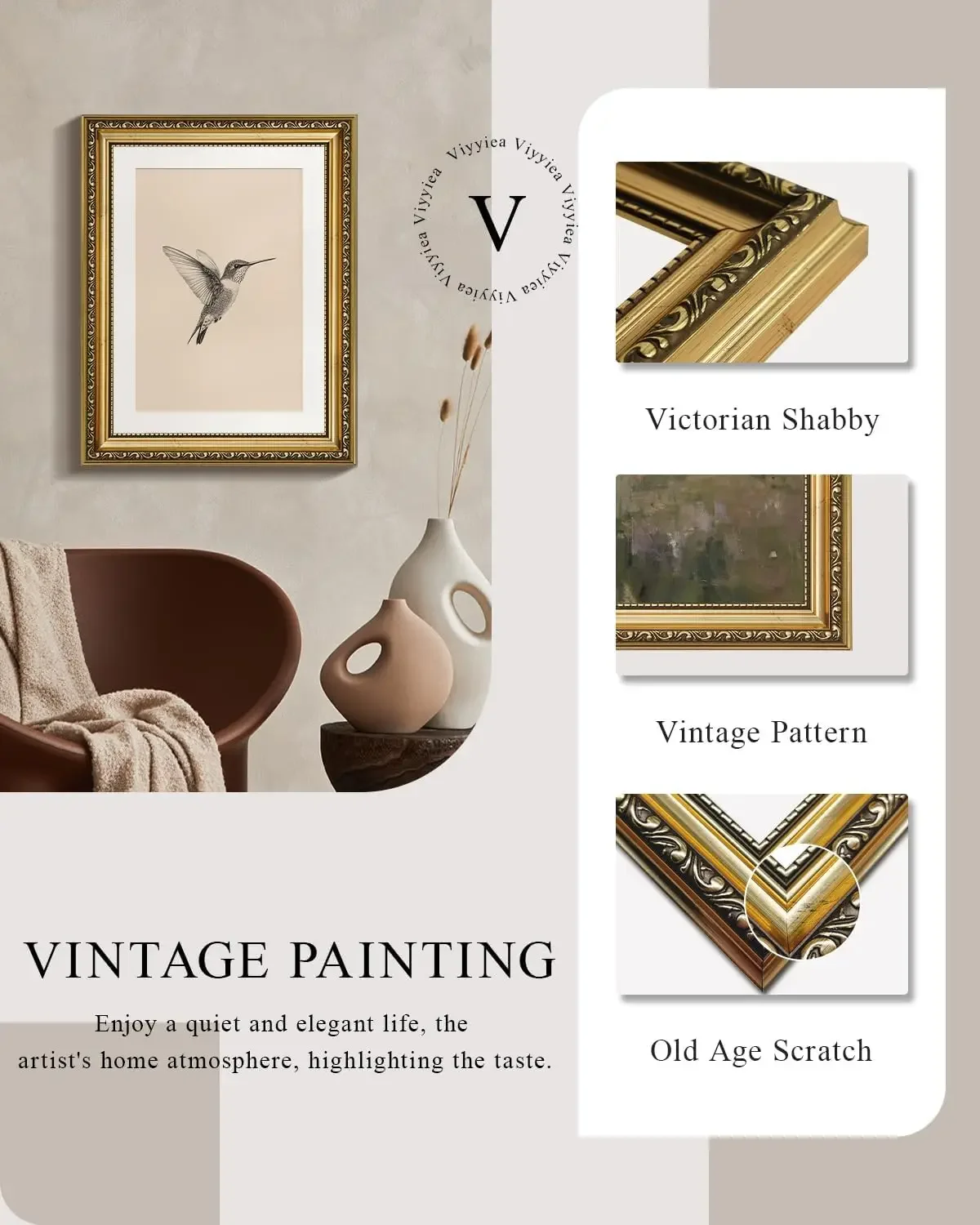Ornate Vintage Gold Framed Canvas Wall Art, Minimalist Sketch Hummingbird Print, Neutral Beige Boho Bedroom Living Room Decor