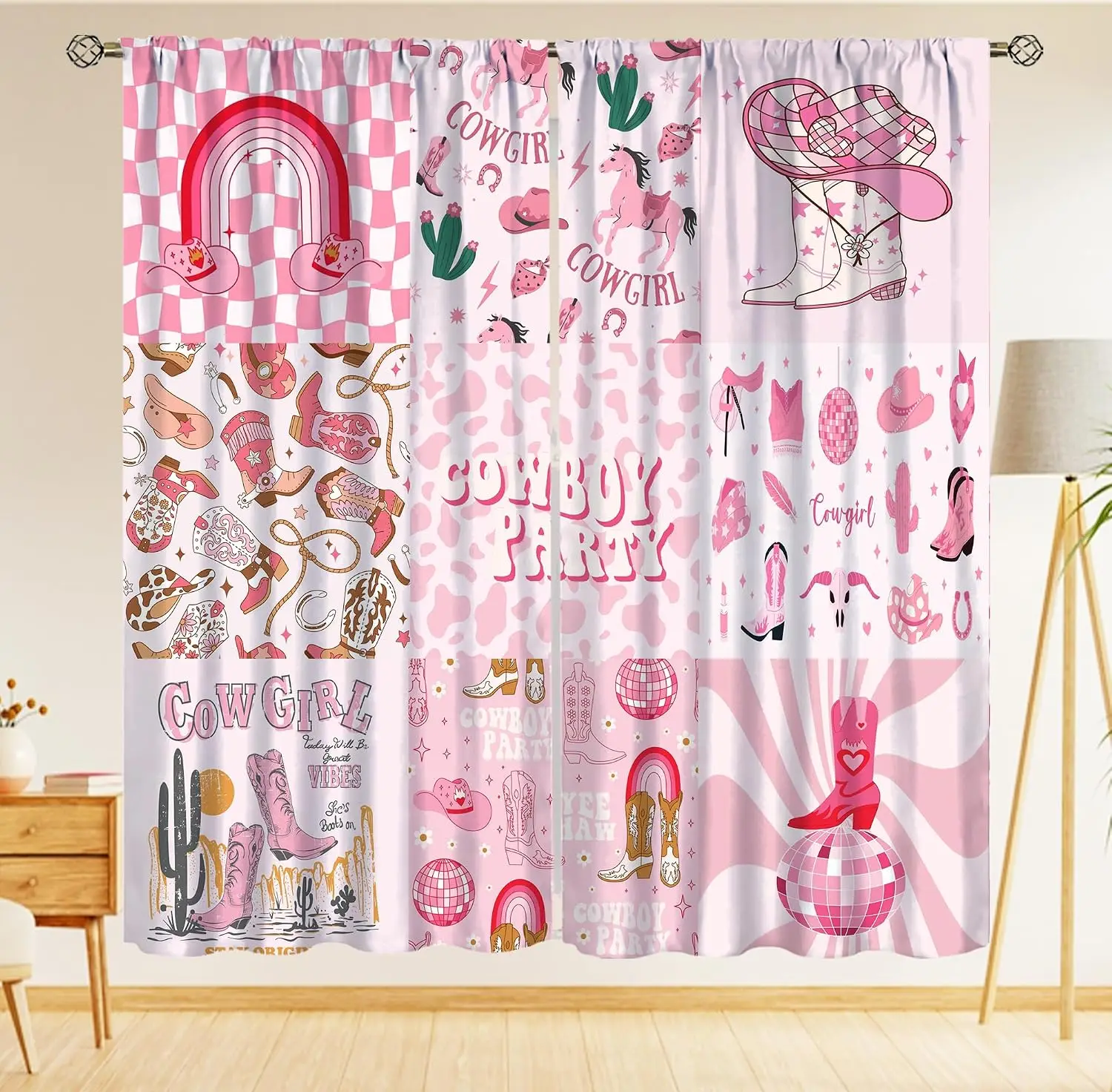 Western Pink Cow Print Window Curtain Cowgirl Hat Boot Retro Disco Art Rod Pocket Window Panels Dorm Girls Room Window Covering