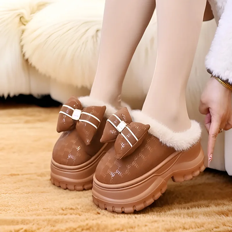 

New 7 cm super high heel winter slippers women furry bow indoor shoes woman fashion korean platform mules clogs ladies slipper