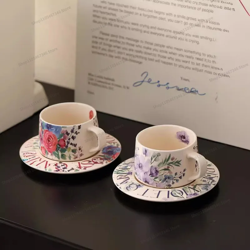 For Retro Rose Coffee Cup and Saucer Set, Afternoon Tea Cup, Household High-value Latte Mug.
