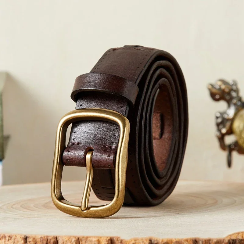 3.8CMVintage Genuine Leather Weaving Belt for Men with Brass Pin Buckle